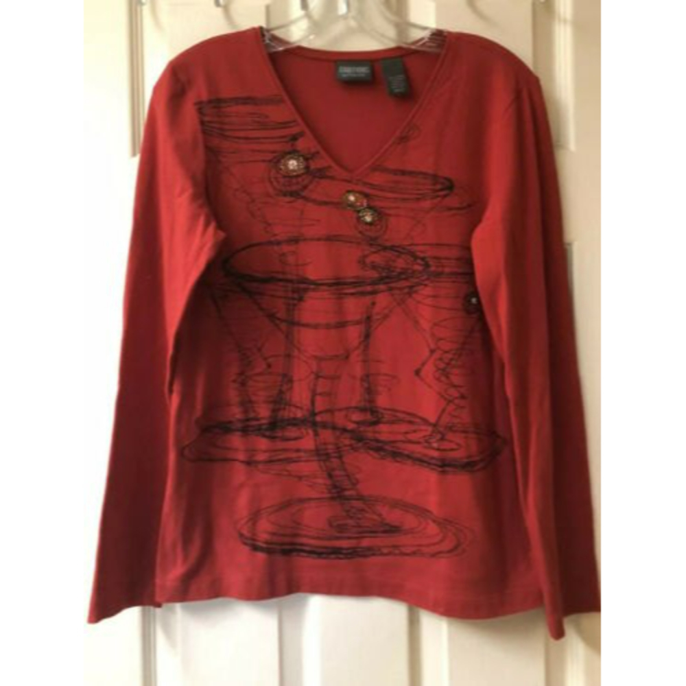 Chico’s  Additions Women’s Sz 0 Red Cotton Long Sleeved Top W/ Martini Graphic